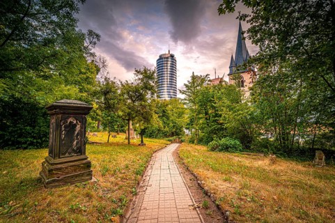View of the Jentower on the left and the Catholic Church of St. John Baptist on the right from the