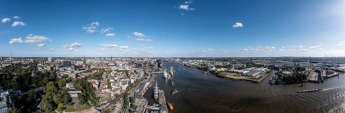 Large panorama, aerial photo, drone photo, Elbe, skyline harbour with museum ships, container