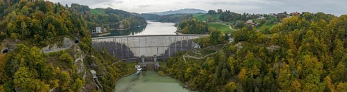 Dam, Lac de Gruyère, Lake Gruyère, reservoir, aerial view, Fribourg, Switzerland, Europe