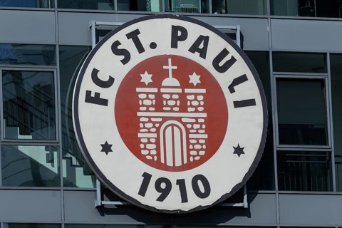FC St. Pauli coat of arms at the office in the Millerntorstadion at Heiligengeistfeld in Hamburg,