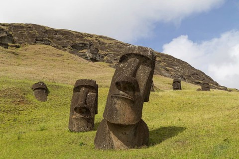 Photograph of the moais at Rano Raraku stone quarry on Easter Island in Chile