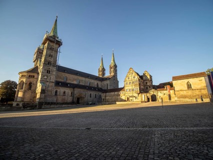 Bamberg Cathedral in the morning light, panoramic view, Bamberg, Upper Franconia, Franconia,