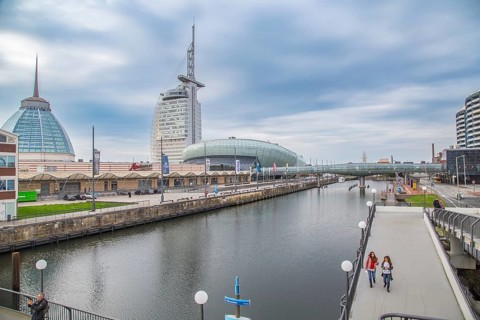 View of Klimahaus and Atlantic Hotel Sail City from the Columbusbrücke observation deck,