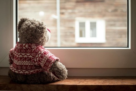 Cute teddy bear is sitting on the windowsill, looking out of the window