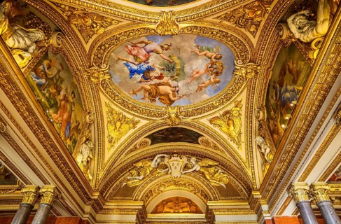 France, April 05 2019. Inside of richly decorated louvre museum. Beautiful ceiling, Europe