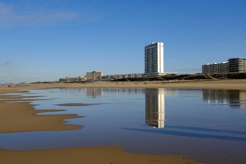 Building on sandy beach, reflection, North Sea, Zandvoort, Netherlands