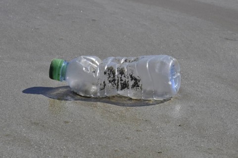 A plastic bottle with a green cap lying on wet sand, representing pollution on a beach