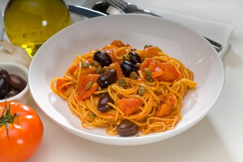 Spaghetti pasta with fresh home made puttanesca sauce