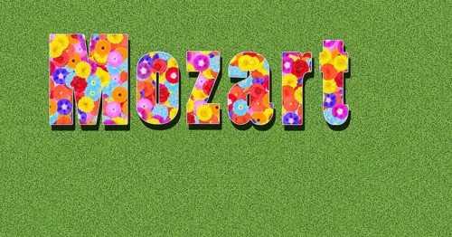 Text, writing, word, name Mozart, Wolfgang, Amadeus with colourful flowers on a green background in