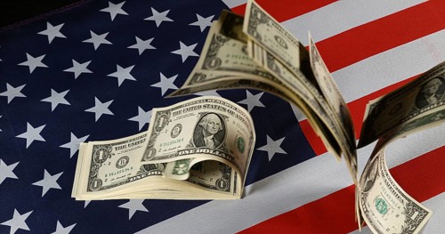 1 US Dollar Banknotes Flying on American Flag