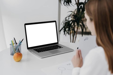 Teacher her laptop virtual classroom concept