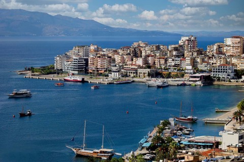 View from above the port of Saranda, Albania, Europe