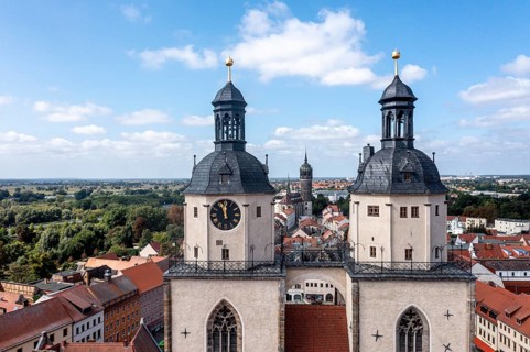 Drone shot, aerial view, drone photo, picture from above, historical town church St. Marien, view