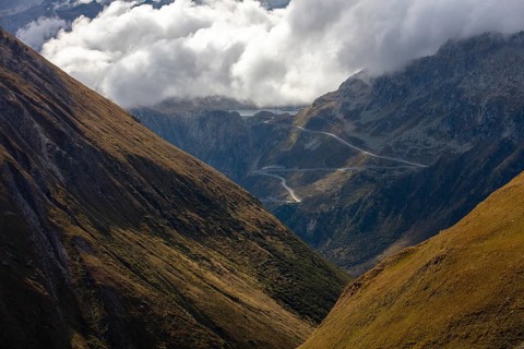 Dynamic weather at the Furka Pass, view to the pass road at the Grimsel Pass, Furka, Valais,