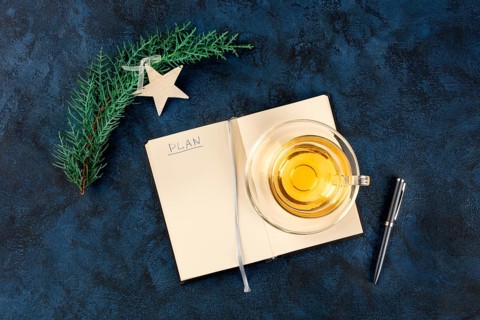 New Year's resolutions, flat lay shot from the top with the handwritten word plan and a place for