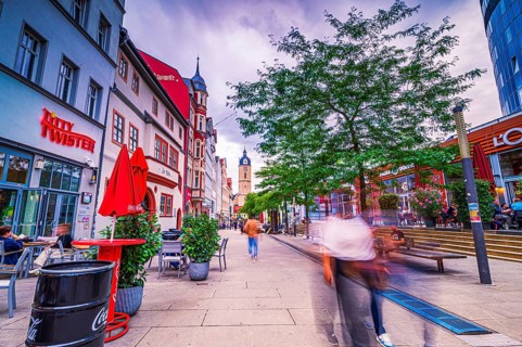 Johannisstraße with the town church of St. Michael in the background, Jena, Thuringia, Germany,