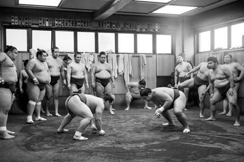 Tokyo, Japan, December 21, 2014: Japanese sumo wrestler training in their stall in Ryogoku