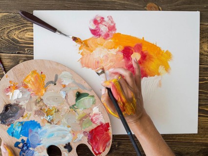 Top view artist painting with brush palette. Resolution and high quality beautiful photo