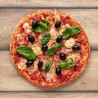 Flat lay arrangement with delicious pizza wooden background