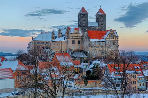 Quedlinburg Castle and Collegiate Church in Winter at Sunset