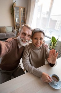 Adorable senior couple taking selfie