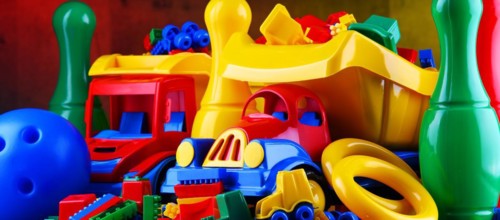 Composition with colorful plastic children toys