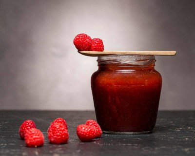 Front view raspberry jam jar