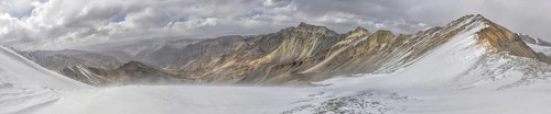 Scenic panorama of cold mountainous landscape of Pamir mountain range in Tajikistan