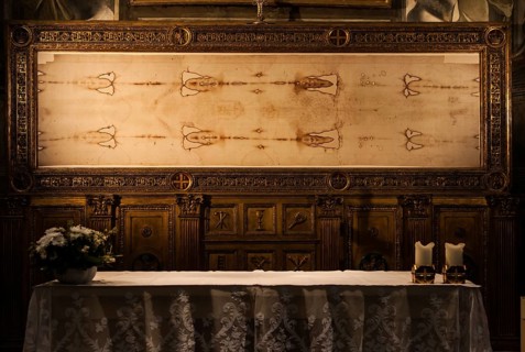 Detail of a copy of the Holy Shroud of Turin, Italy, Europe