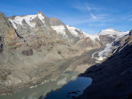 View of the diminished Pasterze glacier at the foot of the Großglockner, mountain, Alps, Hohe