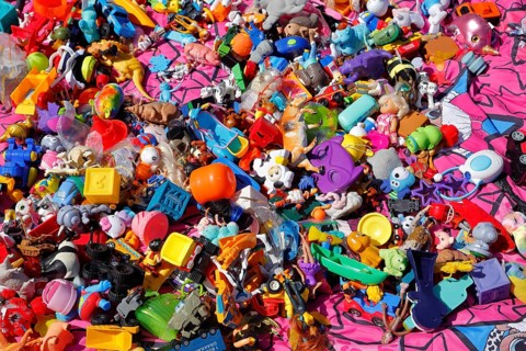 Small toys at a country flea market, Province of Quebec, Canada, North America