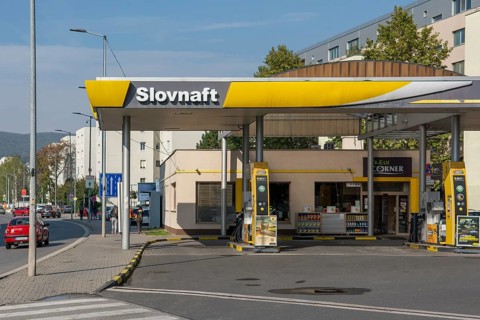 Bratislava, Slovakia, October, 16, 2022 : Fuel nozzles at a Slovnaft petrol station. Gas station.
