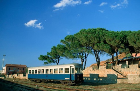 Light rail car at the station, Arbatax, Sardinia, Italy, Europe