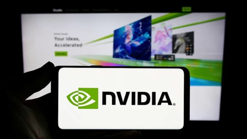 Stuttgart, Germany, 08-13-2023: Person holding smartphone with logo of US technology company Nvidia