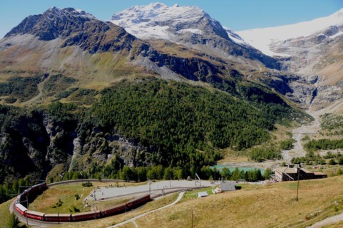 Switzerland, The Bernina Express near Alp Grüm in the Upper Engadine, Europe