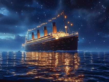 Voyage of the Titanic in the Atlantic on a starry night and calm sea, AI generated