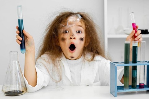 Shocked girl scientist laboratory with test tubes failed experiment