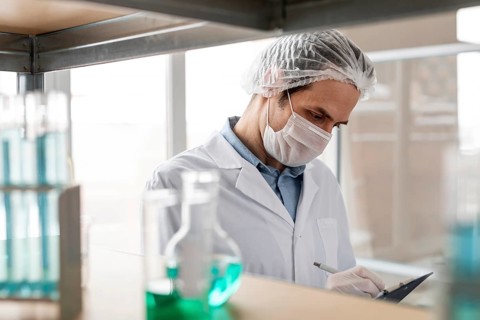 Close up scientist taking notes