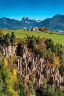 Detailed picture of the famous earth pyramids near Ritten in South Tyrol on a sunny autumn day with
