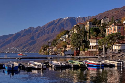 Jetty, Monte Verita and Moscia, Ascona, Lake Maggiore, Ticino, Lake Maggiore, Switzerland, Europe