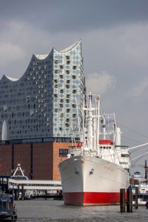 Hamburg museum ship Cap San Diego on the Überseebrücke1 and in the background the Elbe Philharmonic