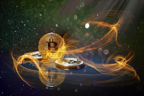 Golden bitcoin cryptocurrency BTC burning hot