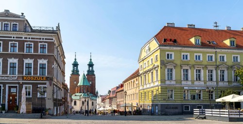Gniezno, Poland - 7 September, 2021: the historic old city center of Gniezno with the cathedral in
