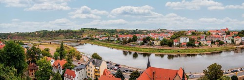 View of the Elbe Cycle Path from Albrechtsburg Cathedral Square, Meißen, Saxony, Germany, Europe