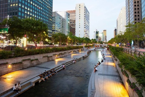Seoul, South Korea, August 21, 2018: Cheonggyecheon is an urban river that flows west to east thru