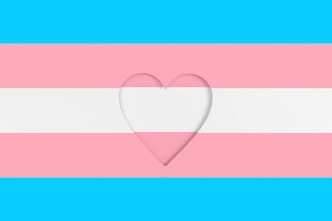 Transgender flag background. Printed cardboard with die-cut heart shape. Top view