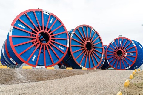 France - 13 August 2019: empty subsea umbilical cable reels ready for reloading