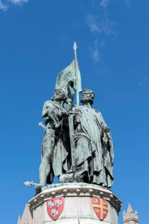 Jan Breydel and Peter De Conik statue in Market Square Bruges West Flanders in Belgium