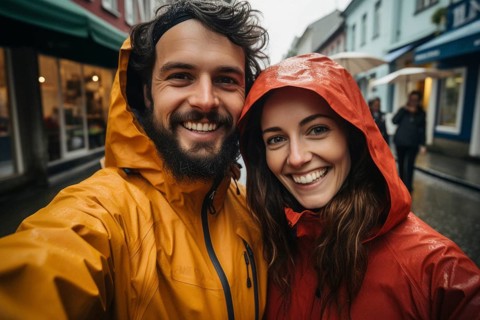 Young couple in mackintosh stands beaming with joy in the rain in an alley, selfie, happy, AI