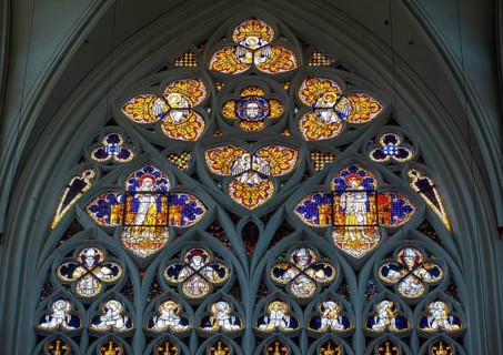 Stained glass windows of the west façade from 1400 in Altenberg Cathedral (also known as Bergischer